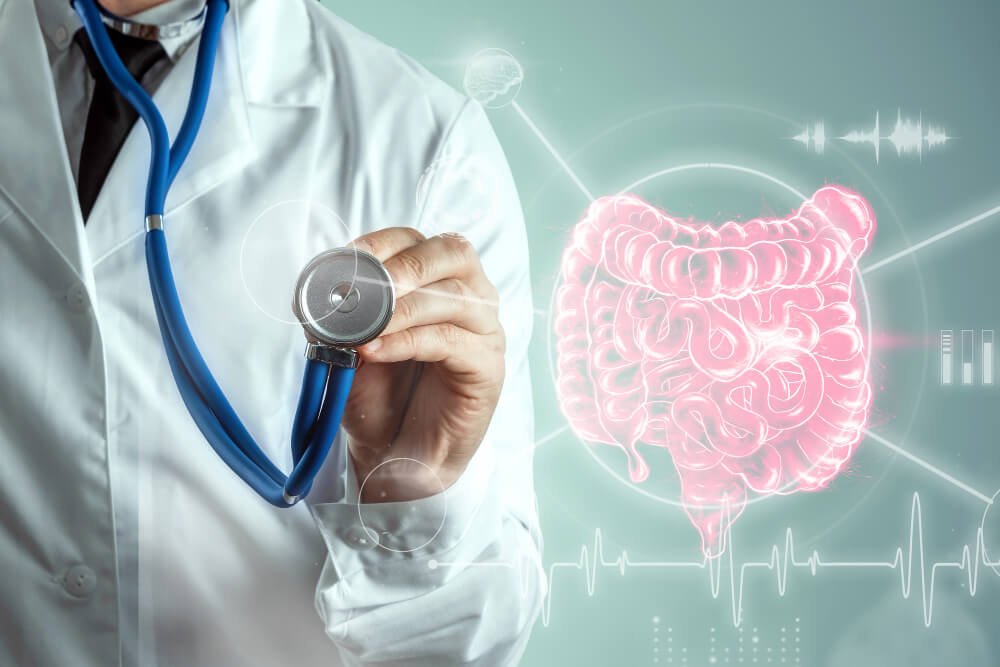 Internal Medicine USCE An image highlighting the Internal Medicine U.S. Clinical Experience (USCE) opportunities, showcasing a doctor using a holographic bowel scan projection with vital signs.