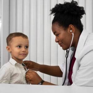 Pediatrics USCE An image highlighting the Pediatrics U.S. Clinical Experience (USCE) opportunities, showcasing a side view of a doctor checking a patient.