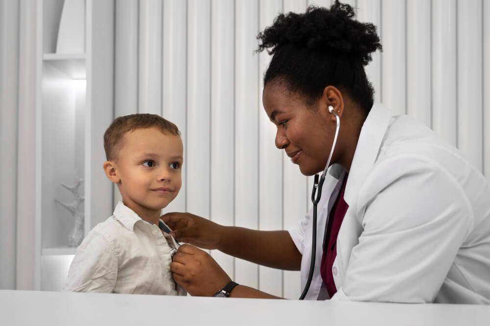 Pediatrics USCE An image highlighting the Pediatrics U.S. Clinical Experience (USCE) opportunities, showcasing a side view of a doctor checking a patient.