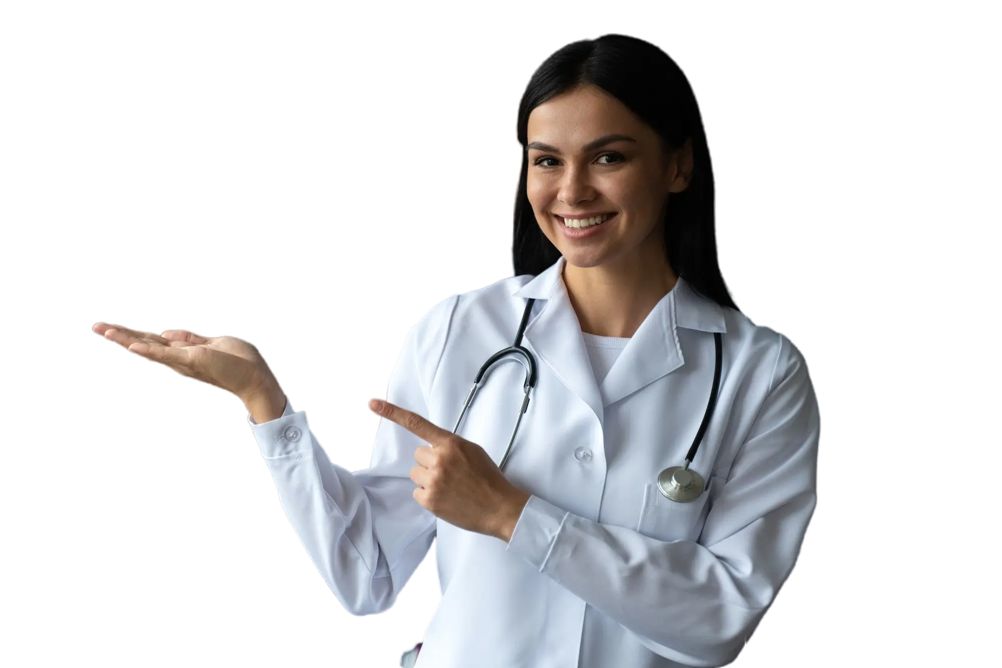 USMLE: An image featuring a smiling and happy doctor, pointing with her palm towards free space against a blue background. This image reflects the professionalism and positivity encouraged by The Match Guy services.