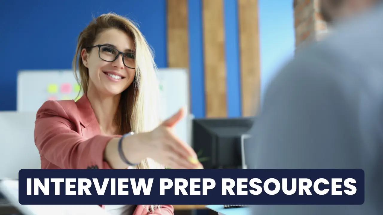 Residency Interview: A person extends a hand for a handshake, with a blue wall and office equipment in the background. The text reads "INTERVIEW PREP RESOURCES."